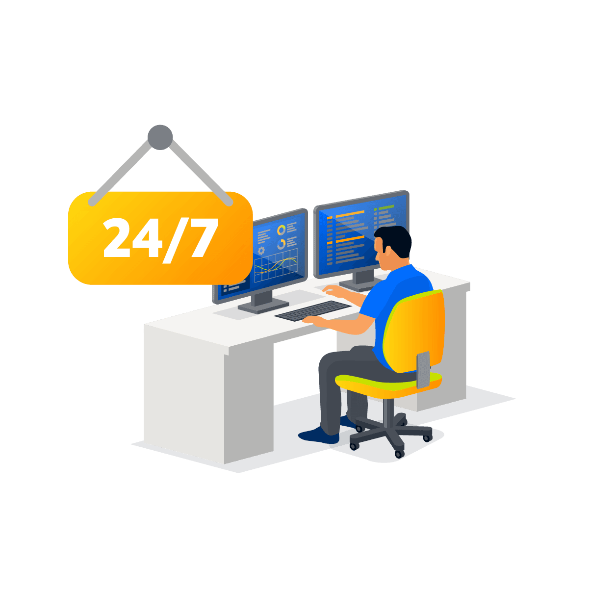 Illustration Arbeiter am Schreibtisch mit 24/7 Monitoring