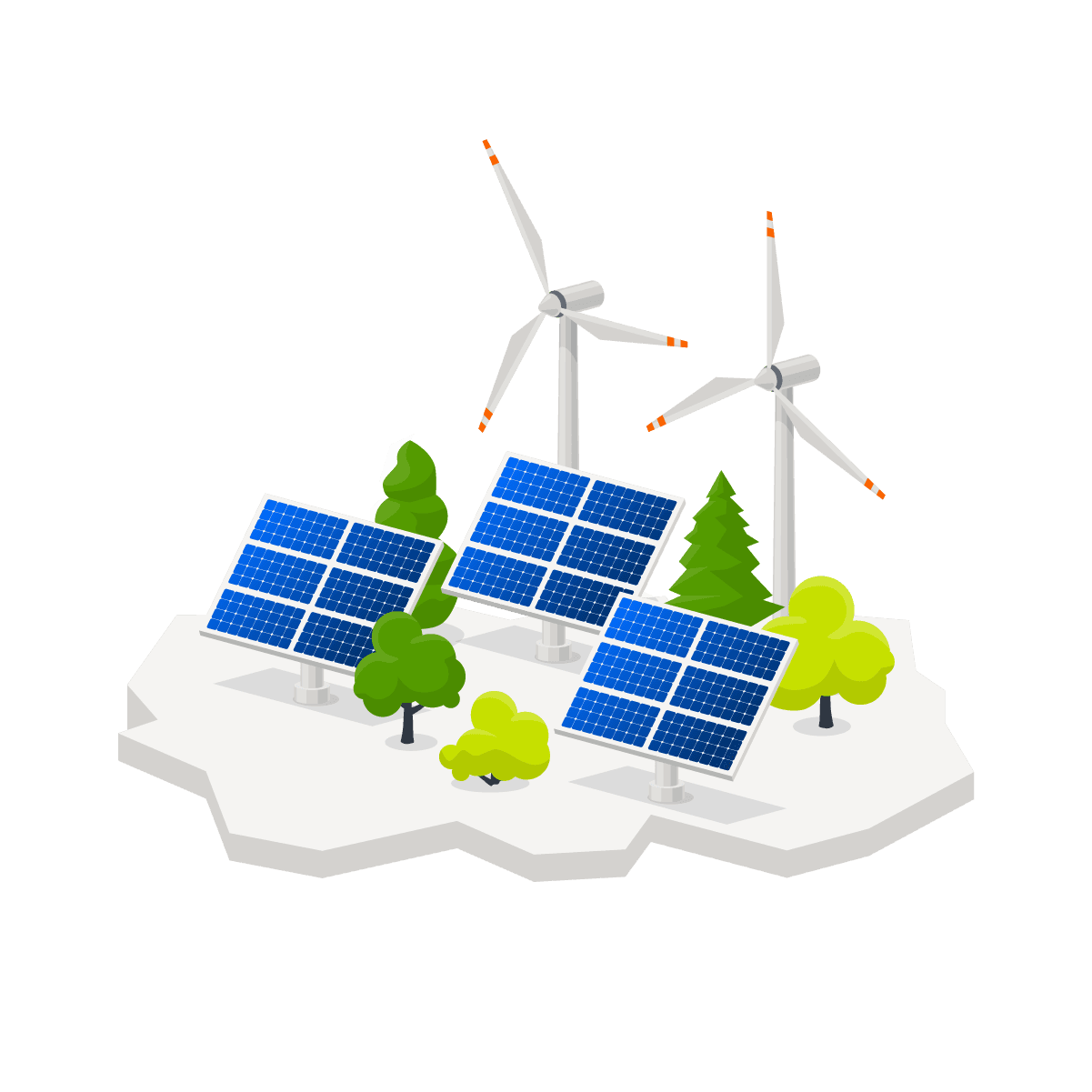 Illustration von PV Freiflächenanlagen und Windkraftanlagen