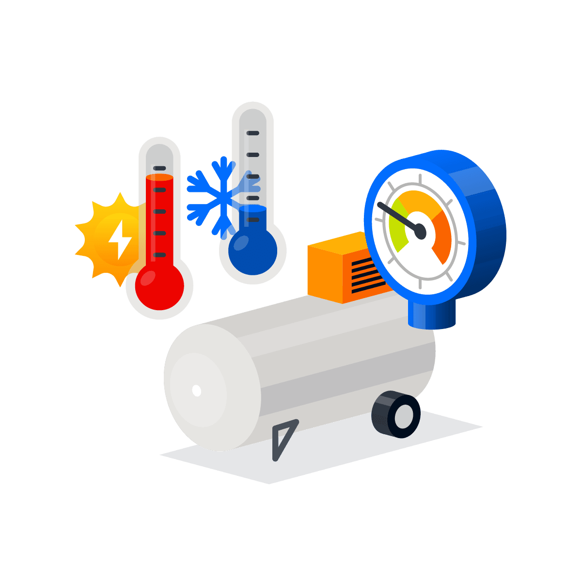 Illustration Druckluftbehälter mit Manometer und Thermometer heiß kalt