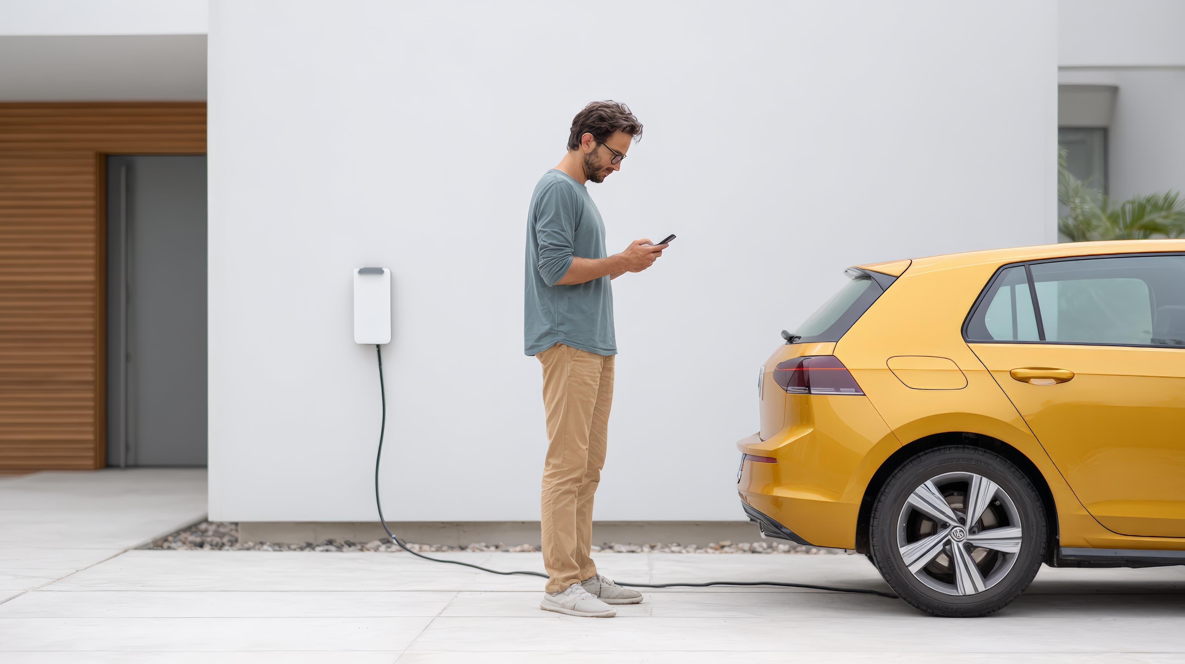 Mann lädt Auto zuhause und schaut dabei auf sein Smartphone