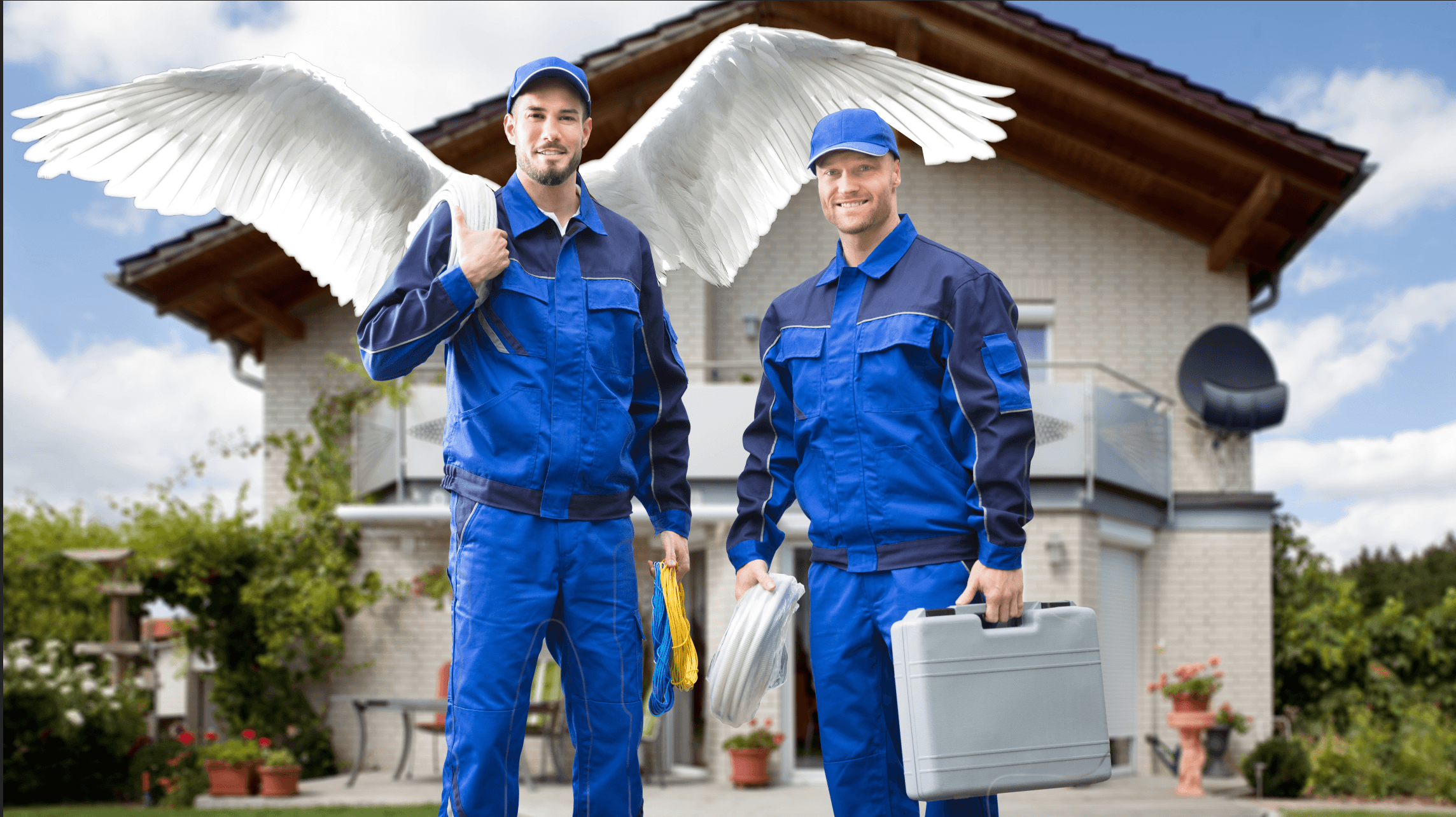 zwei Handwerker im Blaumann einer mit Engelsflügeln